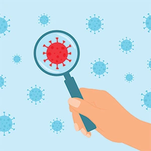 Hand holding magnifying glass with virus particles in background
